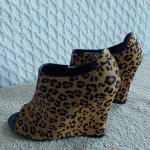 NWOT Faux Calf Hair Wedge Peep Toe Bootie, Leopard Print